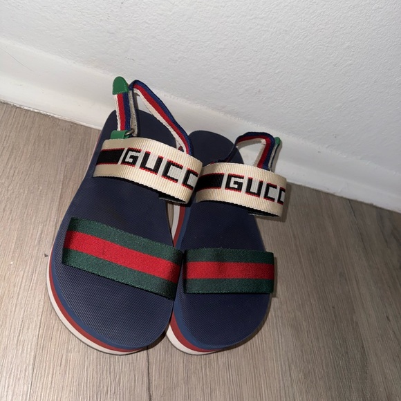 Gucci Shoes - Gucci Navy Sandals with Green and Red Web Stripe